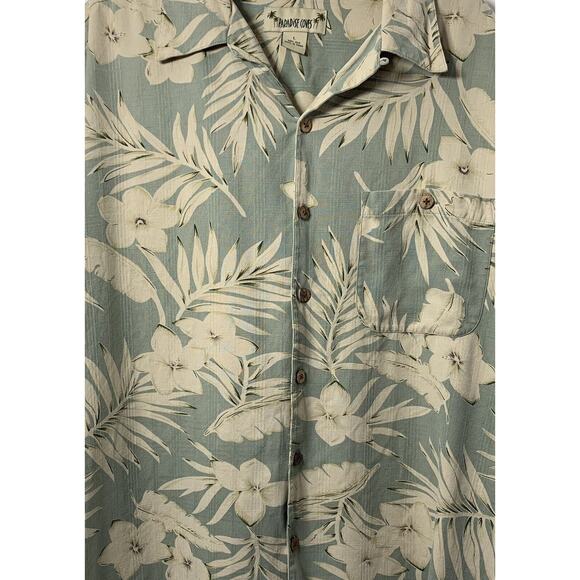 Paradise Coves Hawaiian Shirt Mens Large Silk Green Beige Tropical Surfer Beach - Picture 2 of 7